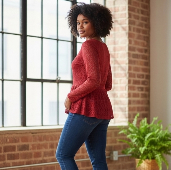Lane Bryant Vibrant Red Lace Semi Sheer Long Sleeve Top - Picture 4 of 7
